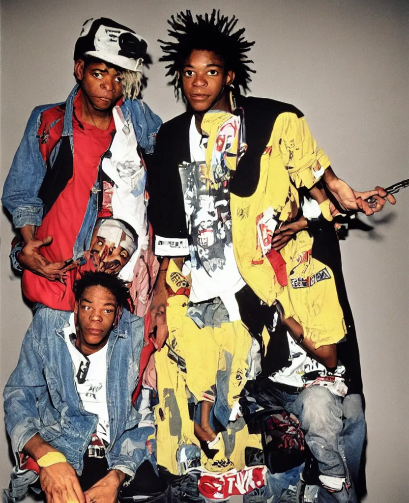 Image similar to basquiat with kurt cobain photographed by annie leibovitz in a hi end photo studio, color, photorealistic,