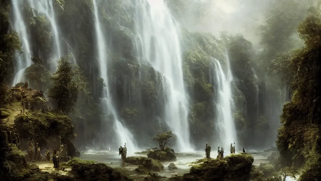 Image similar to elven architecture above the great alpine waterfall. andreas achenbach, artgerm, mikko lagerstedt, zack snyder, tokujin yoshioka