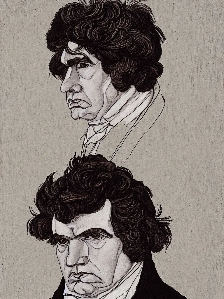 Image similar to a line art portrait of composer beethoven, inspired by the work of egon schiele.