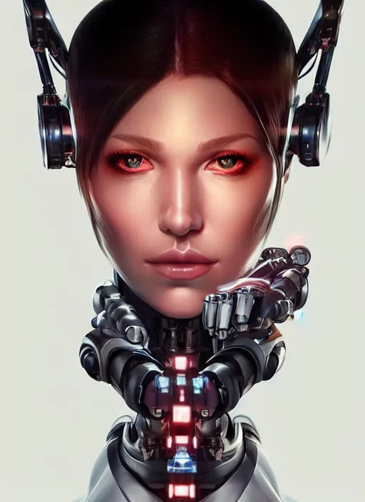 Prompt: portrait of a cyborg woman who turns her head to the ((((((right))))) left+1 (((((up))))) (((((down))))) by Artgerm,eyes closed , biomechanical, hyper detailled, trending on artstation