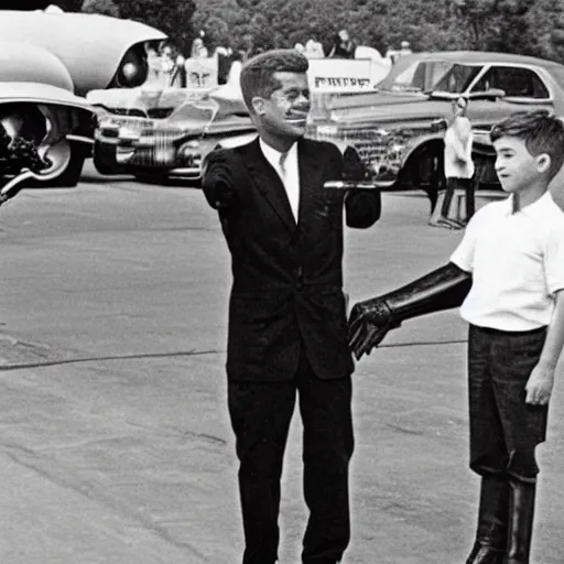 Image similar to a vintage photo of a alien posing with JFK