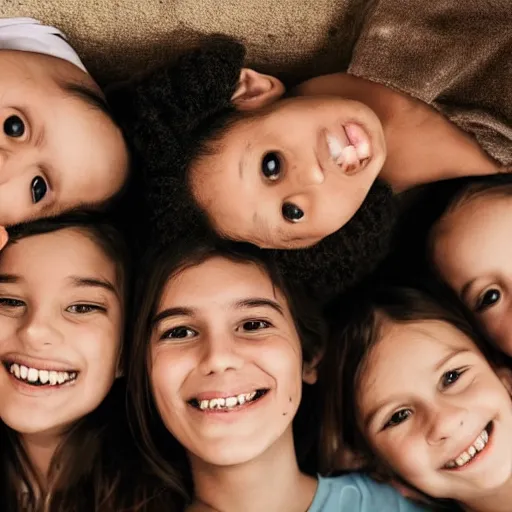 Image similar to photo of a father and his five daughters, very detailed faces, beautiful faces, high quality photograph, instagram