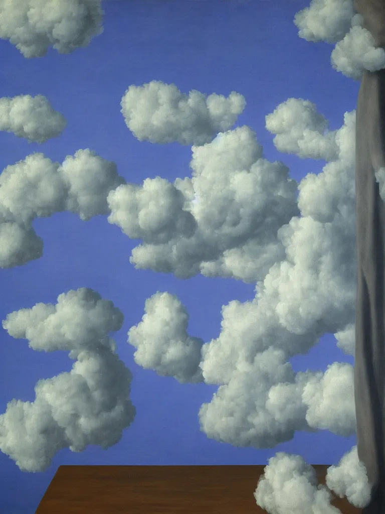 Image similar to curtains and clouds by rene magritte, detailed painting, hd, hq, high resolution, high detail, 4 k, 8 k