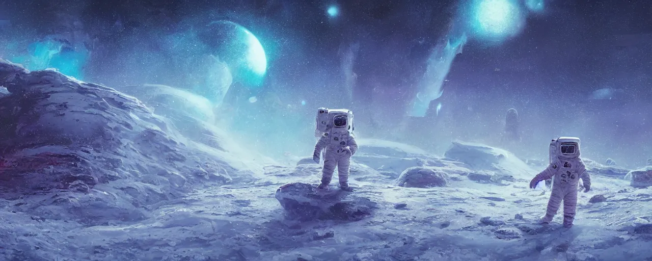 Prompt: lone astronaut exploring outer planet covered with ice, art by paul lehr, cinematic, detailed, epic, widescreen, opening, establishing, matte painting, photorealistic, realistic textures, octane render