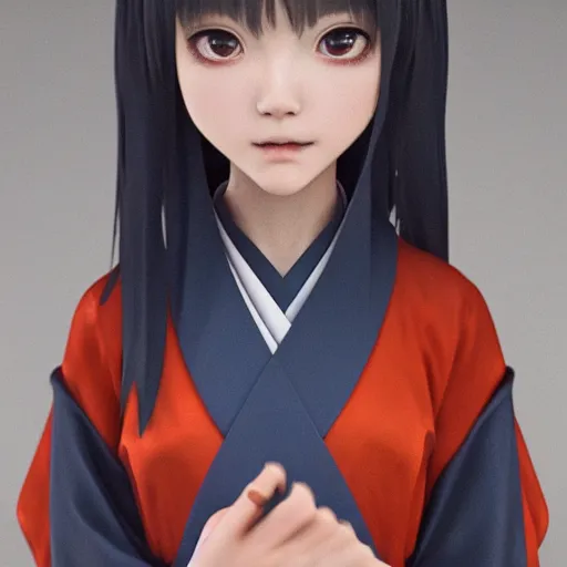 Image similar to Clothed kimono. realistic style at CGSociety by WLOP,ilya kuvshinov,krenz cushart,Greg Rutkowski,trending on artstation.Zbrush sculpt colored,Octane render in Maya,Houdini VFX.Realistic fantasy cute young girl who is dark disciple,expressing joy,wearing kimono, silky hair, blue eyes.Oil painting.Cinematic dramatic atmosphere,sharp focus,soft volumetric studio lighting.