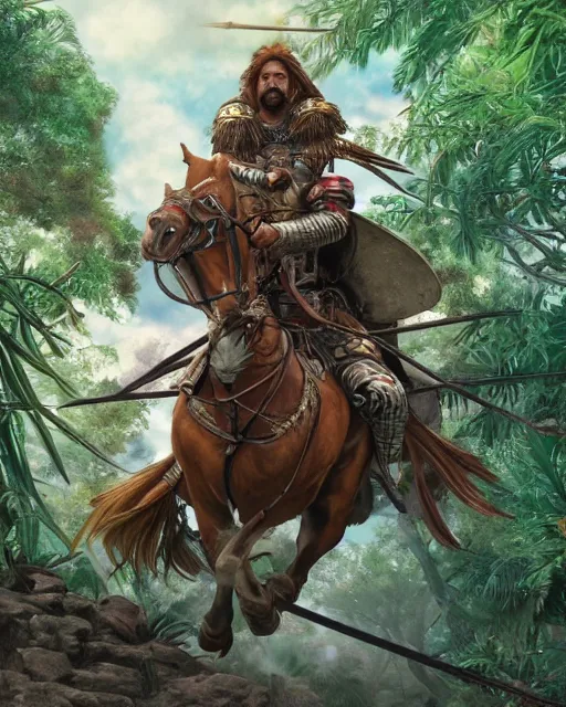 Image similar to ultrareallistic illustration of a spanish conquistador riding a horse in a dense jungle, art by clay mann and takeshi obata, studio ghibli color cheme, portrait, tarot card, sharp focus, unreal engine, detailed, realistic, face