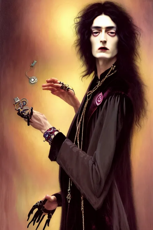 Image similar to a beautiful androgynous man, long hair, tall and thin, dressed in velvet, rock star, young jimmy page, wearing several pendants and a choker, vampire, illustration, dramatic lighting, soft details, painting, art nouveau, octane render, 8 k, hd, by edmund blair leighton, brom, charlie bowater, faces by otto schmidt