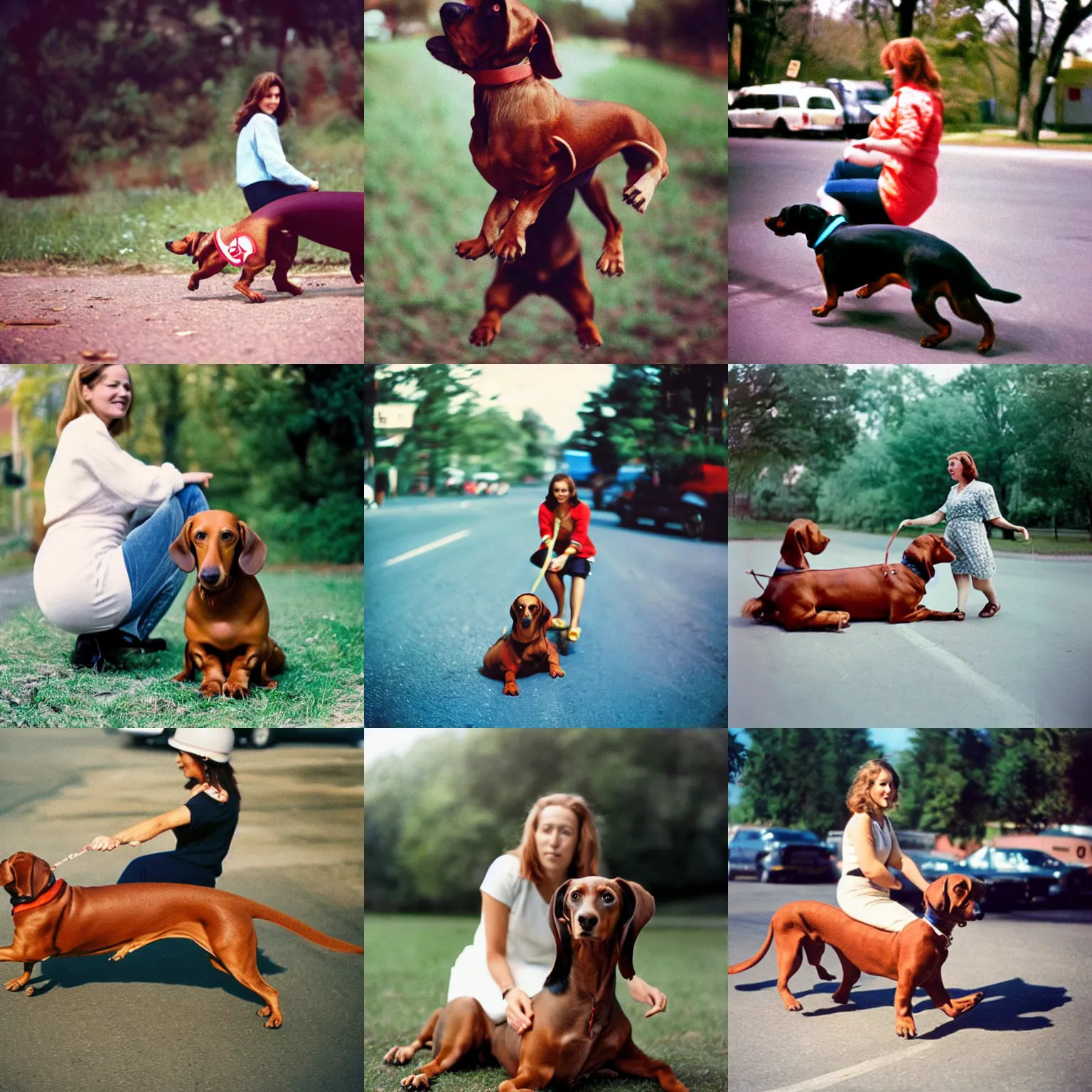Prompt: nostalgic cinestill of a woman riding on a giant dachshund