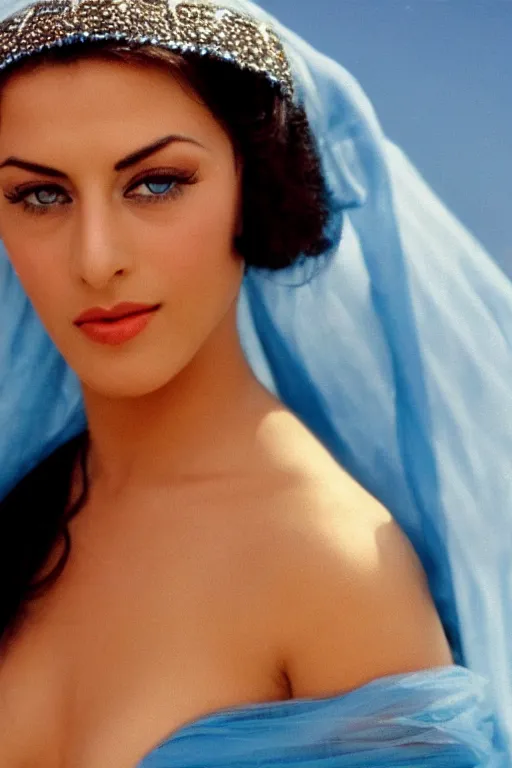 Image similar to young Monica Belluci as an Arab woman, tanned skintone, bright blue eyes, white veil, light blue dress portrait