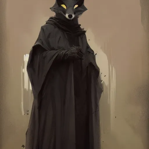 Prompt: A portrait of an anthropomorphic fox in a black hooded robe by Greg Rutkowski