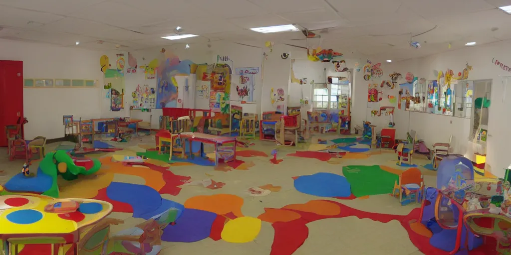 Image similar to childrens daycare indoors limital space, not well litt, creepy photo