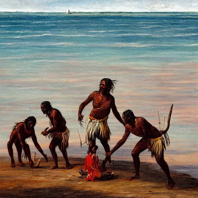 Prompt: An aborigine on the shoreline from Australia trading with a English settlers coming off a tri-hull wooden ship, the settlers are wearing multicolour clothes, the ocean horizon is in the distance,