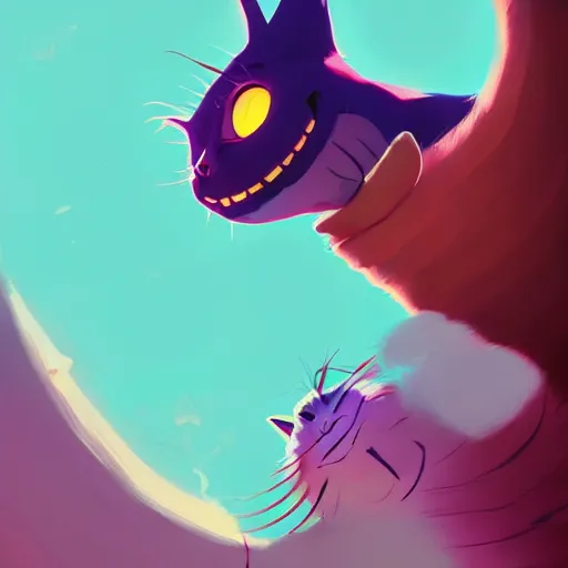 Prompt: cheshire cat by atey ghailan and james gilleard and goro fujita, exquisite lighting, art, very coherent, plain background, trending on artstation