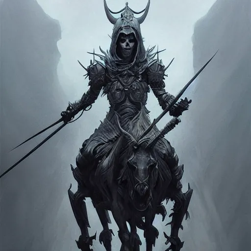 Image similar to concept art by artgerm, death of the four horsemen of the apocalypse, soft grey and blue natural light, intricate, queen of death riding, highly detailed dark art, digital painting, artstation, concept art, smooth, sharp focus, illustration, art by greg rutkowski and luis rollo and uang guangjian and gil elvgren, symmetry!