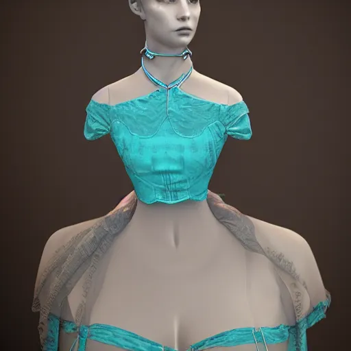 Image similar to victorian era turquoise dress on a manikin, trafalgar dress shop, ambient lighting, cinematic quality, high octane, vray render, subsurface scatter, drum scanner intricate complexity, golden ratio, kojima, amano, charlie bowater museum piece, fine art