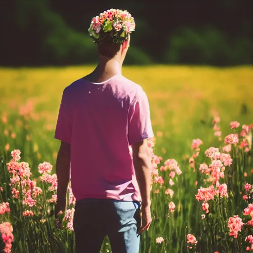 Prompt: revolog kolor photograph of a skinny blonde guy standing in a field of flowers, flower crown, back view, grain, moody lighting, telephoto, 9 0 s vibe, blurry background, vaporwave colors!, faded!,