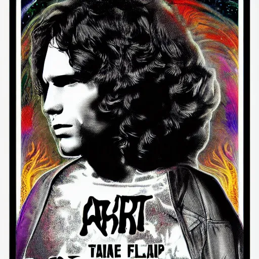 Prompt: A festival poster of Jim Morrison in the Astral Plane, haunting digital art