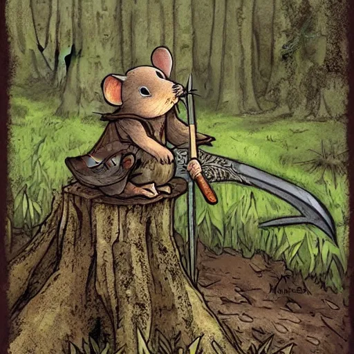 Image similar to Mouse Guard sits on a stump holding a sword, in deep forest, by rivuletpaper, rivuletpaper art, Mouse Guard by David Petersen, mouse photo, small details, realistic illustration, illustrations by Viktor Vasnetsov