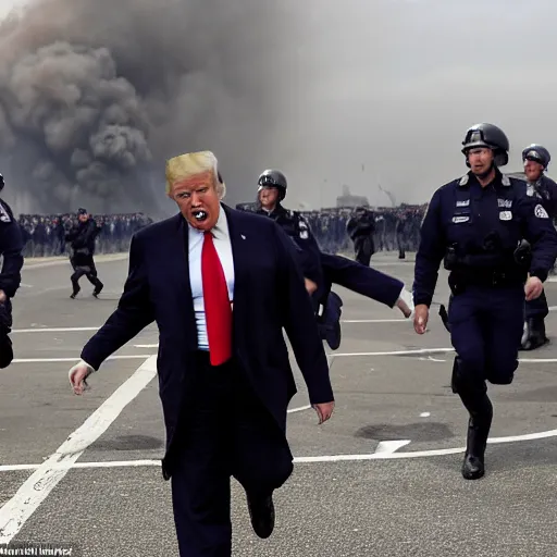 Image similar to donald trump running from policemen that are chasing him behind him, helicopters and explosions in the background