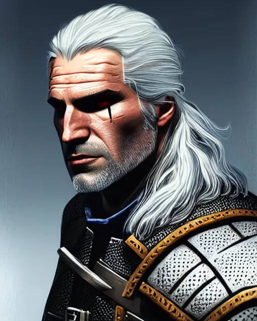 Image similar to portrait of geralt of rivia inspired by gta concept art, highly detailed, artstation, trending, concept art, by stephen bliss, anthony mcbain, roxie vizcarra