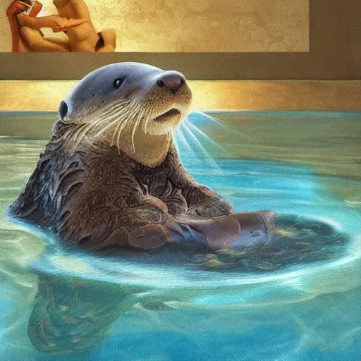 Image similar to anthropomorphic otter in a greek art style sitting in a pool of water, traditional painting, soft lighting, beautiful