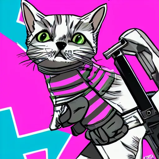 Prompt: grey cat with white stripes play apex legends, shooting gun, comic style, pink background