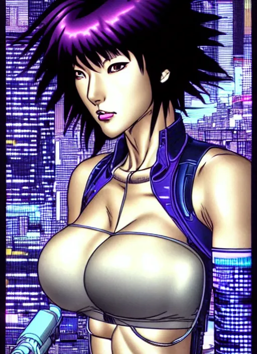 Image similar to motoko kusanagi in grungy cyberpunk megacity, intricate and finely detailed, cyberpunk vaporwave, portrait by j scott campbell