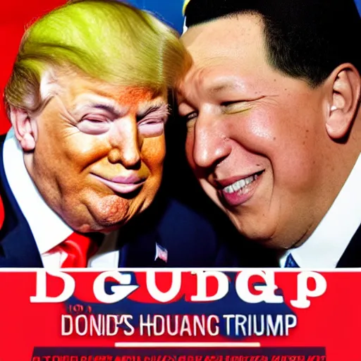 Prompt: Hugo Chavez holding hands with Donald trump, smiling at each other, realistic photo, magazine cover, —number 6