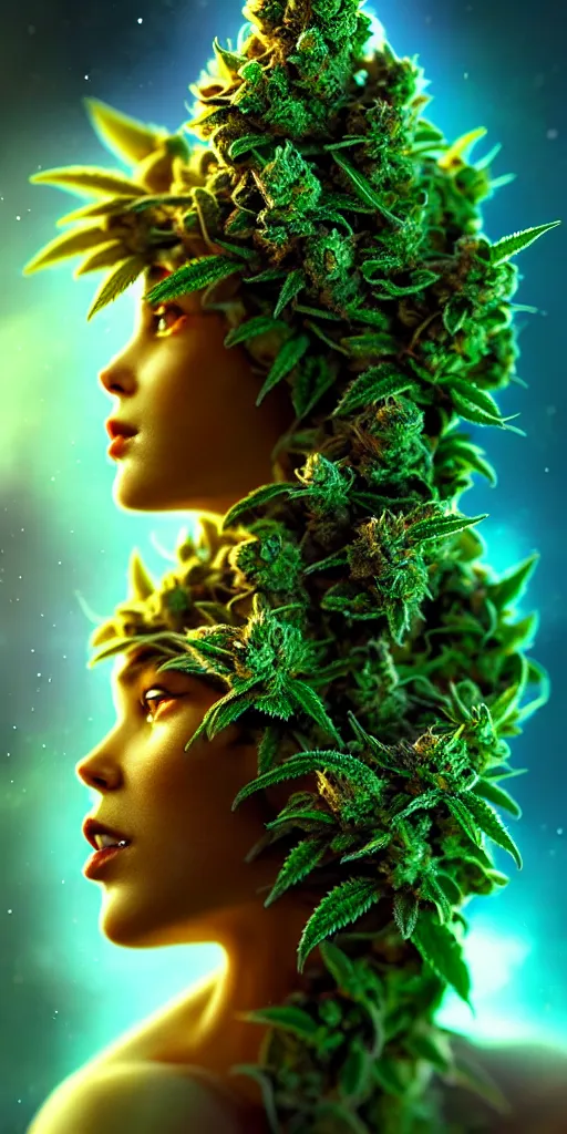 Prompt: epic scale cinematic marijuana goddess character concept perfect focus closeup macro photography of a beautiful marijuana bud crystals trichomes, densely packed buds of weed, sacred dmt weed superheroine visionary fantasy art by greg rutkowski android jones artgerm alphonse chroma rule of thirds golden ratio alien plants