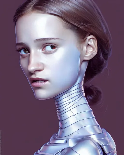 Image similar to weta disney pixar movie still head and torso portrait photo of young alicia vikander as thoughtful white plastic cyborg girl by pixar, by weta, wlop, ilya kuvshinov, rossdraws, artgerm, latex, iridescent, bright morning, anime, liosh, mucha