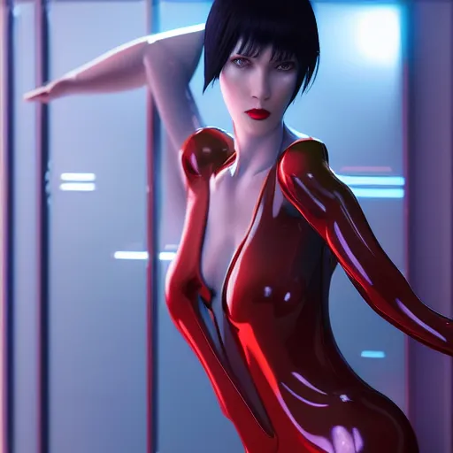 Image similar to ghost in the shell inspired avant-garde art, deco fashion, highly detailed, photorealistic portrait, bright studio setting, studio lighting, crisp quality and light reflections, unreal engine 5 quality render