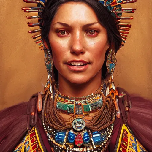 Image similar to an portrait of an happy female aztec, detailed, centered, digital painting, artstation, concept art, donato giancola, Joseph Christian Leyendecker, WLOP, Boris Vallejo, Breathtaking, 8k resolution, extremely detailed, beautiful, establishing shot, artistic, hyperrealistic, beautiful face, octane render