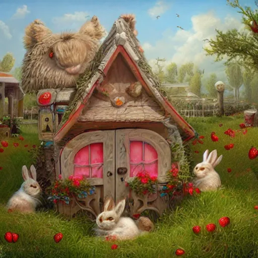 Image similar to fluffy bunnies playing outside their strawberry houses, lowbrow, matte painting, 3 - d highly detailed, style of greg simkins