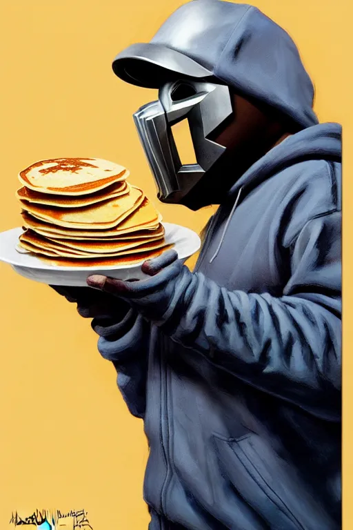 Image similar to mf doom as cooking pancakes animation pixar style, mf doom rapper madvillain, lighting poster by magali villeneuve, artgerm, jeremy lipkin and michael garmash, rob rey and kentaro miura style, trending on art station