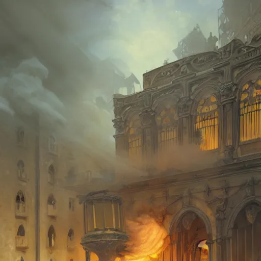 Image similar to portrait of a pipe organ facade surrounded by smoke, battle damage, sunset glow around the ceiling, full body portrait, intricate, elegant, highly detailed, digital painting, artstation, concept art, smooth, sharp focus, illustration, art by goya and greg rutkowski and alphonse mucha, background is a city in ruins, no people