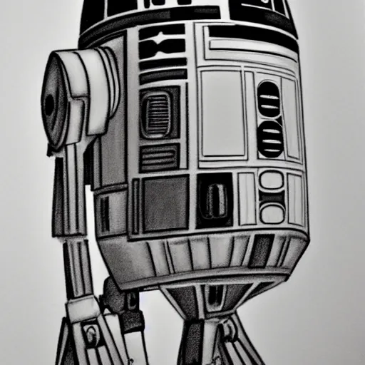 Prompt: full body black and white pencil sketch of muscular R2D2