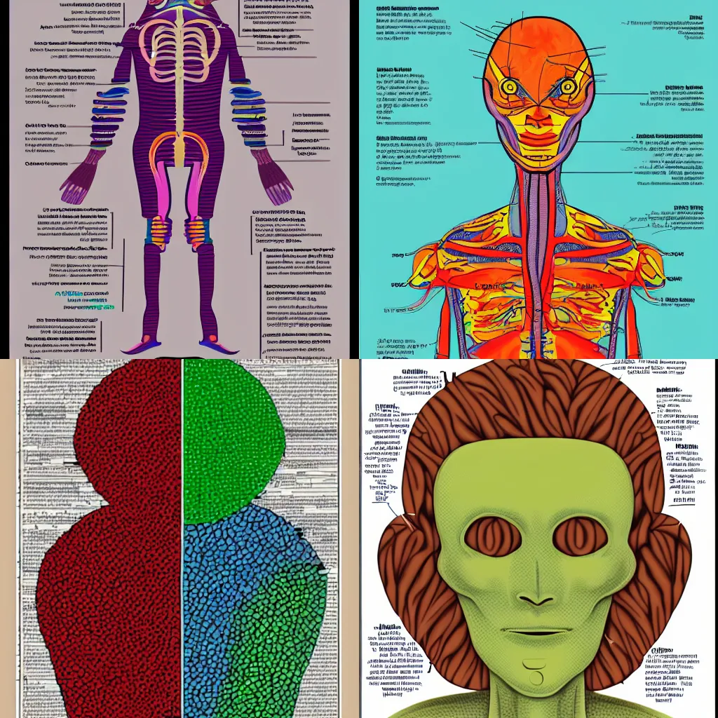 Prompt: a medical textbook diagram of a colorful sentient alien made entirely of hair