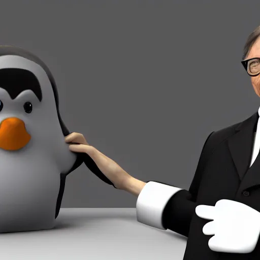 Prompt: Linux Tux strangling Bill Gates, 8k ultra HD, realistic 3D render, CGsociety, Artstation trending, CGI