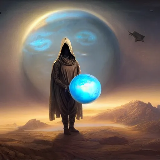 Image similar to masked nomad male wearing a cloak on an alien world and holding a holographic planet projection in his hand, detailed, sci - fi, digital painting, artstation, sharp focus, illustration, ominous, artgerm, tomasz alen kopera, peter mohrbacher, donato giancola, joseph christian leyendecker, wlop, frank frazetta