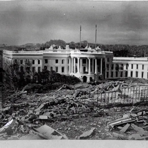 Image similar to a demolished and ruined white house