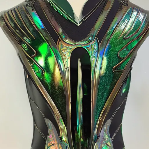 Prompt: iridescent, green mother of pearl and malachite art nouveau style full plate female jousting armor