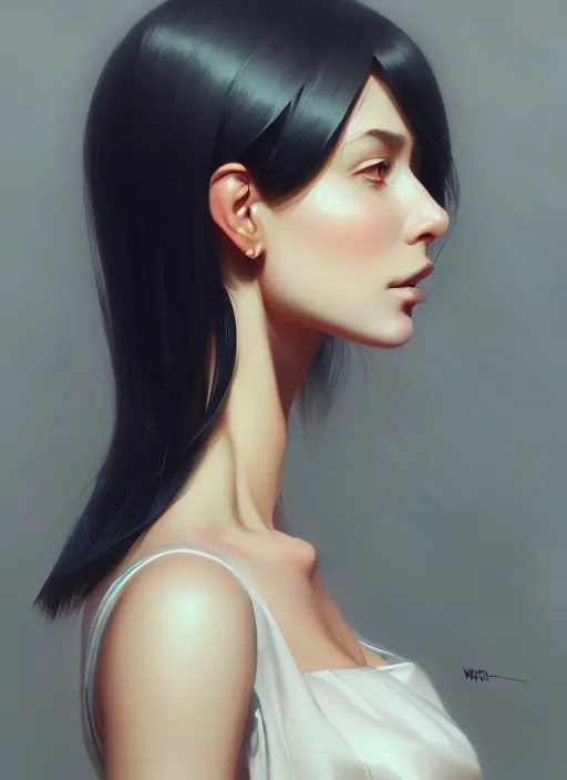 Prompt: 3 / 4 view of a portrait of woman, confident pose, intricate, elegant, sharp focus, illustration, highly detailed, concept art, matte, trending on artstation, anime, art by wlop and artgerm and greg rutkowski, ilya kuvshinov, strong strokes,