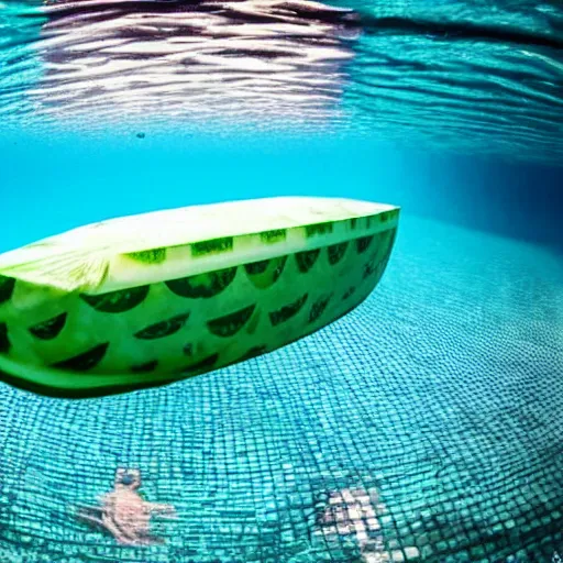 Prompt: a wide view under water in a big swimming pool of a watermelon floating on the surface