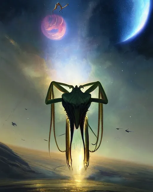 Image similar to a giant praying mantis in space eats planet, photo realistic, epic composition, epic light, high details by greg rutkowski and mark marc simonetti, game art, movie poster