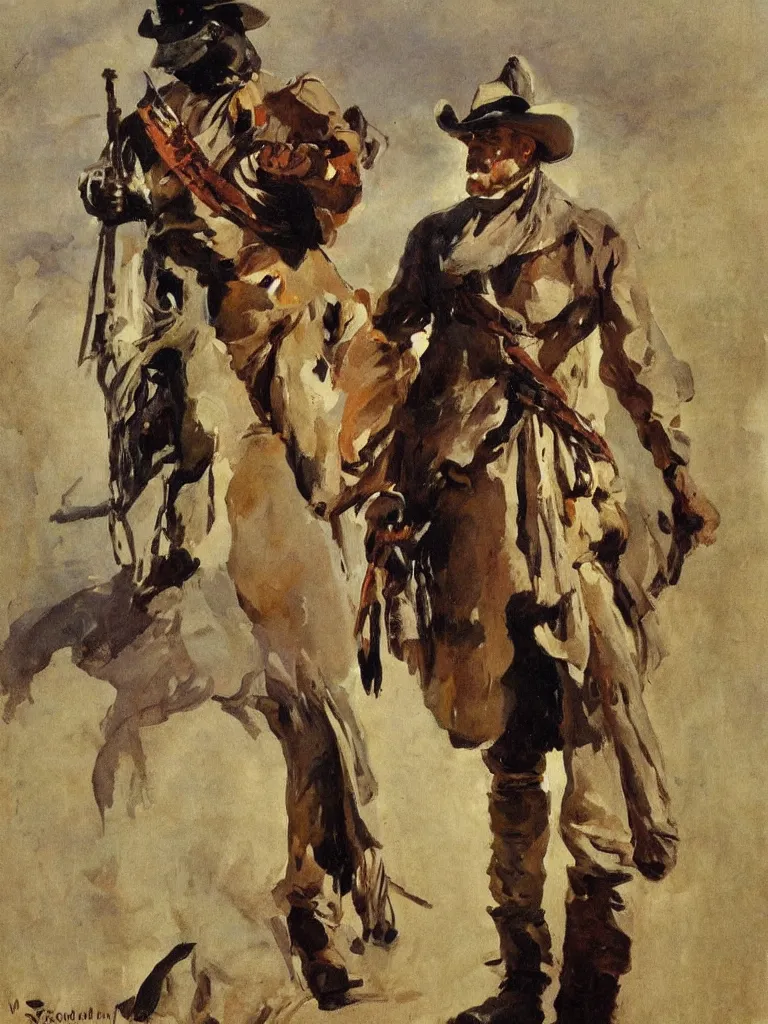 Prompt: a filmmaker cowboy dressed in ned kelly iron chicken armour, painted by sorolla and anders zorn