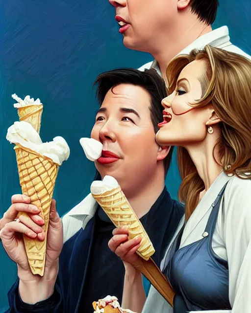 Prompt: Portrait of Michael Mcintyre & blonde Angelina Jolie eating ice creams in Porto,real life skin, intricate, elegant, highly detailed, artstation, concept art, smooth, sharp focus, art by artgerm and greg rutkowski and alphonse mucha