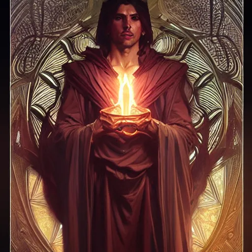 Image similar to attractive male deity, casting dark magic, summoning handsome lucifer morningstar, highly detailed painting by artgerm and greg rutkowski and alphonse mucha