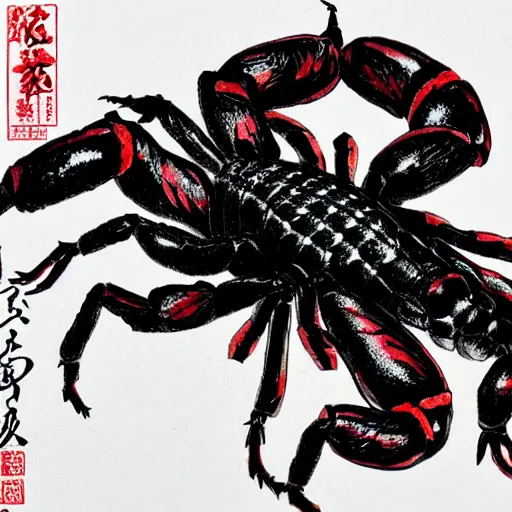 Prompt: scorpion red white and black drawn by Shuichi Shigeno and Michiharu Kusunoki pen ink drawing