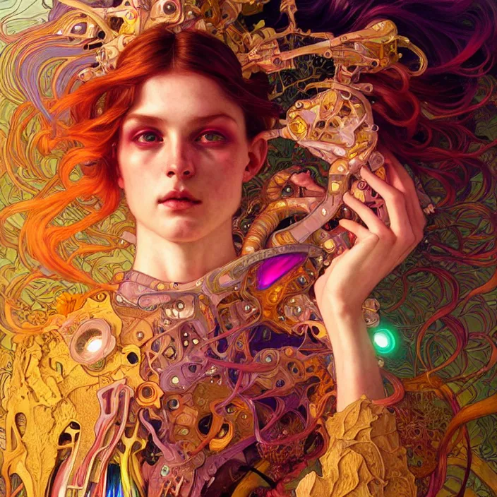 Image similar to bright psychedelic portrait of organic cyborg animal, diffuse lighting, fantasy, intricate, elegant, highly detailed, lifelike, photorealistic, digital painting, artstation, illustration, concept art, smooth, sharp focus, art by John Collier and Albert Aublet and Krenz Cushart and Artem Demura and Alphonse Mucha