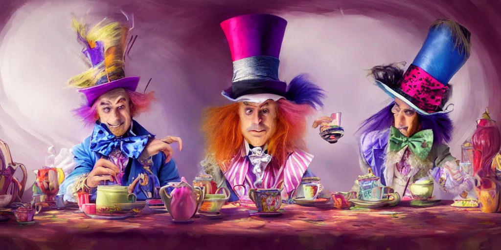 Image similar to The Mad Hatter, Alice in wonderland, colorful, wide angle, super highly detailed, professional digital painting, artstation, concept art, smooth, sharp focus, no blur, no dof, extreme illustration, Unreal Engine 5, Photorealism, HD quality, 8k resolution, cinema 4d, 3D, beautiful, cinematic, art by artgerm and greg rutkowski and alphonse mucha and loish and WLOP